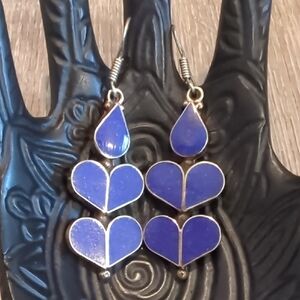Tibetan Silver Handmade Lapis Lazuli Heart Drop Earrings